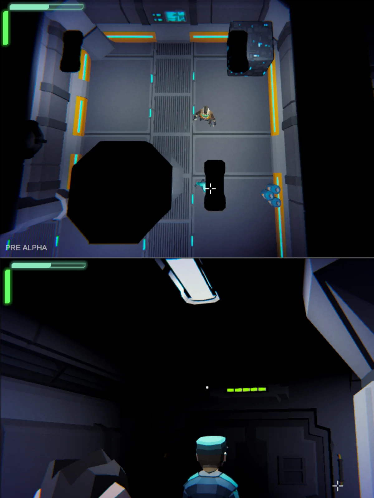 Shadow Strike gameplay showing top-down stealth readability and over-the-shoulder aiming.