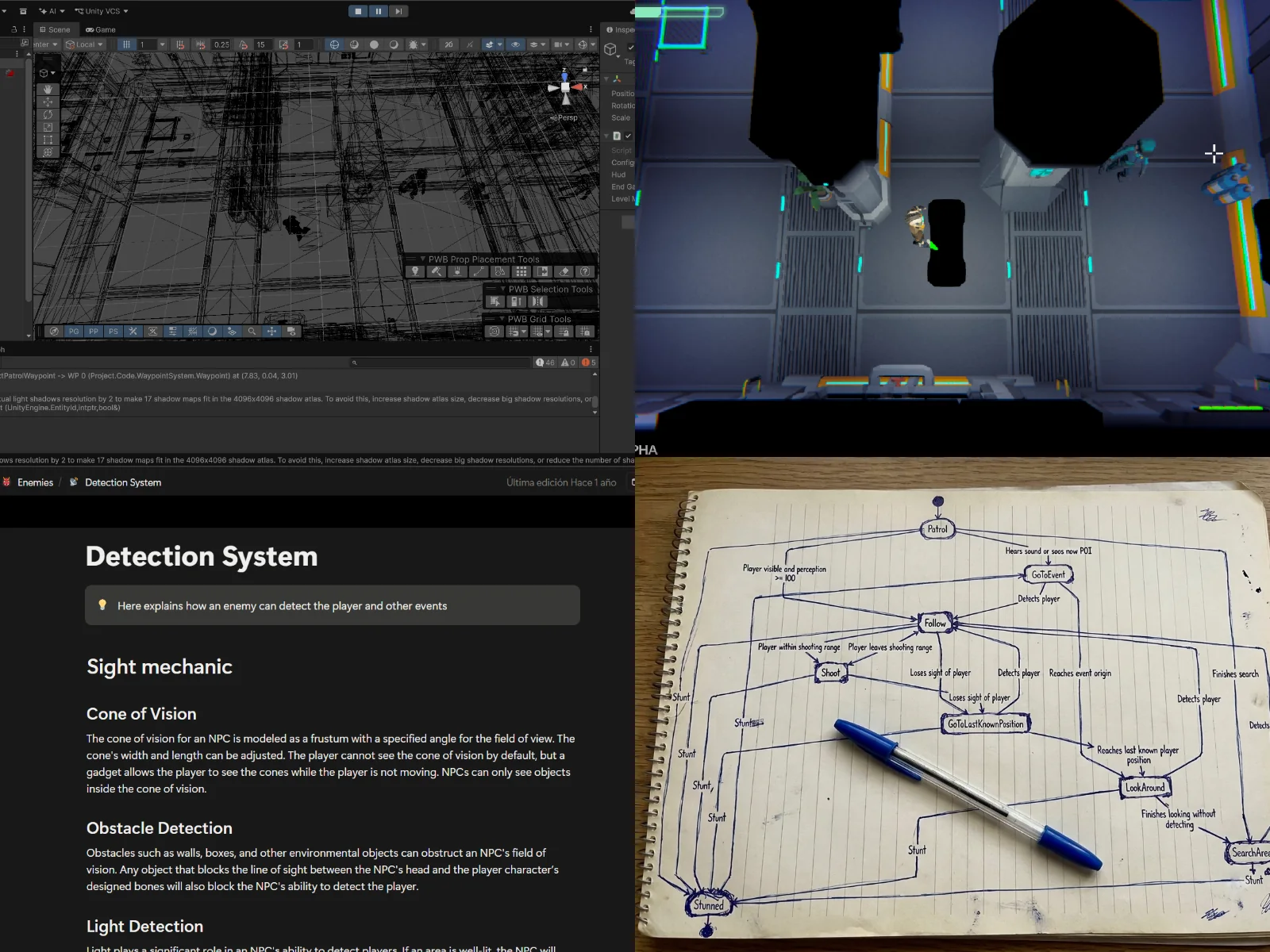 Collage showing Unity development, top-down gameplay, design documentation, and systems diagrams.